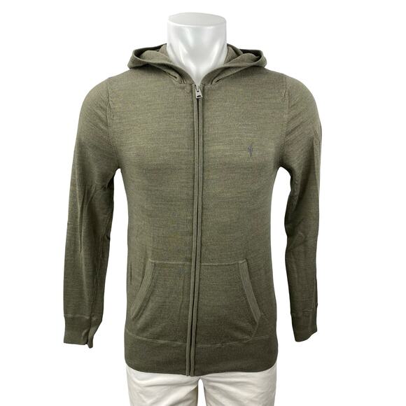 Allsaints 100% Wool Green Embroidered Long Sleeve Hooded Sweatshirt Jacket Sz M